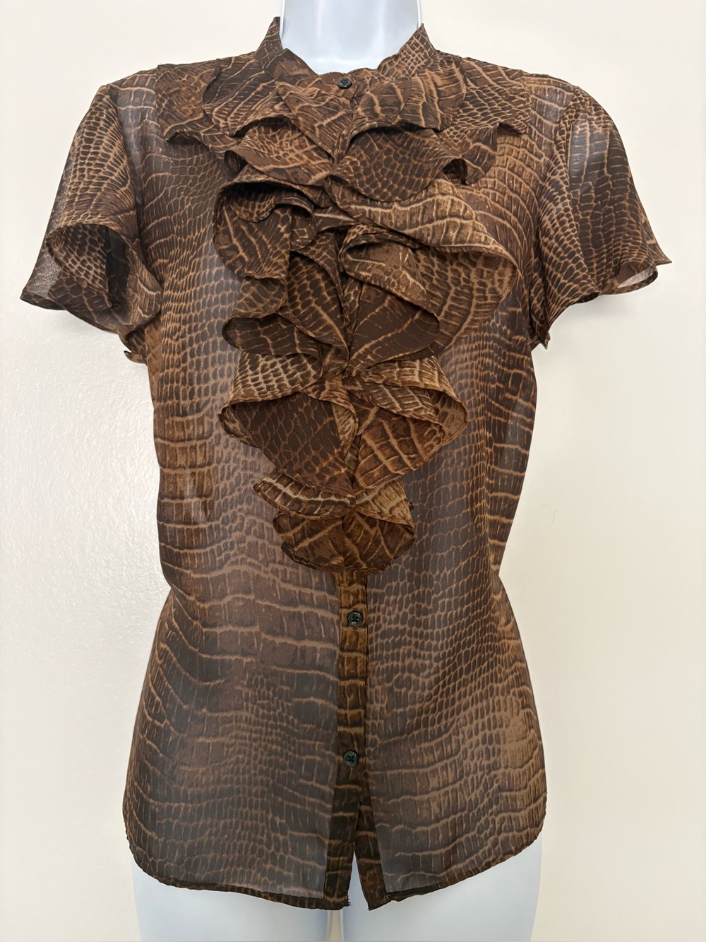 American Living Brown Croc Print Ruffle Blouse Sz Large